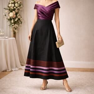 Vintage Ann Taylor Silk Taffeta A-Line Skirt SZ 10 Black With Border Stripe Hem